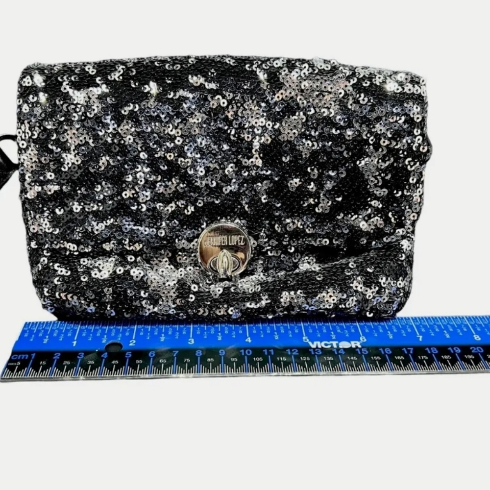 Jennifer Lopez Black/Silver Sequin Women's Fold Over Clutch JLO Y2K Wristlet - Picture 5 of 10
